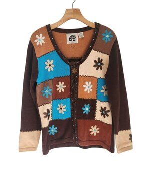 Vintage Patchwork Storybook Knits Cardigan Sweater Floral Hippie Beaded XS